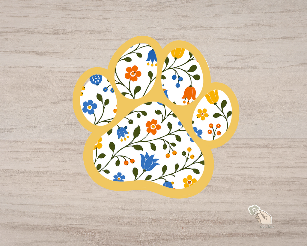 Goldenrod Floral Paw Print Sticker with yellow border and blue orange floral pattern