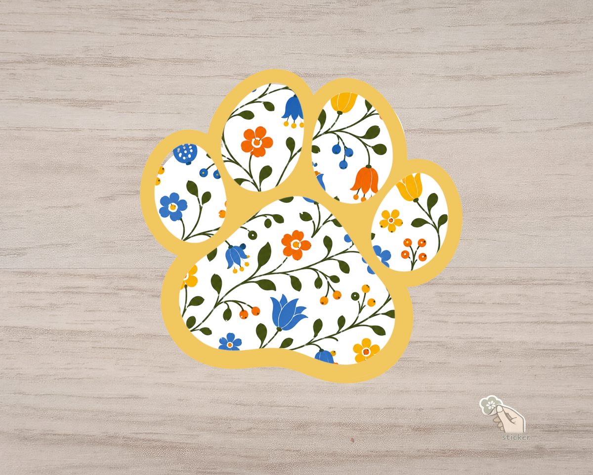 Goldenrod Floral Paw Print Sticker with yellow border and blue orange floral pattern