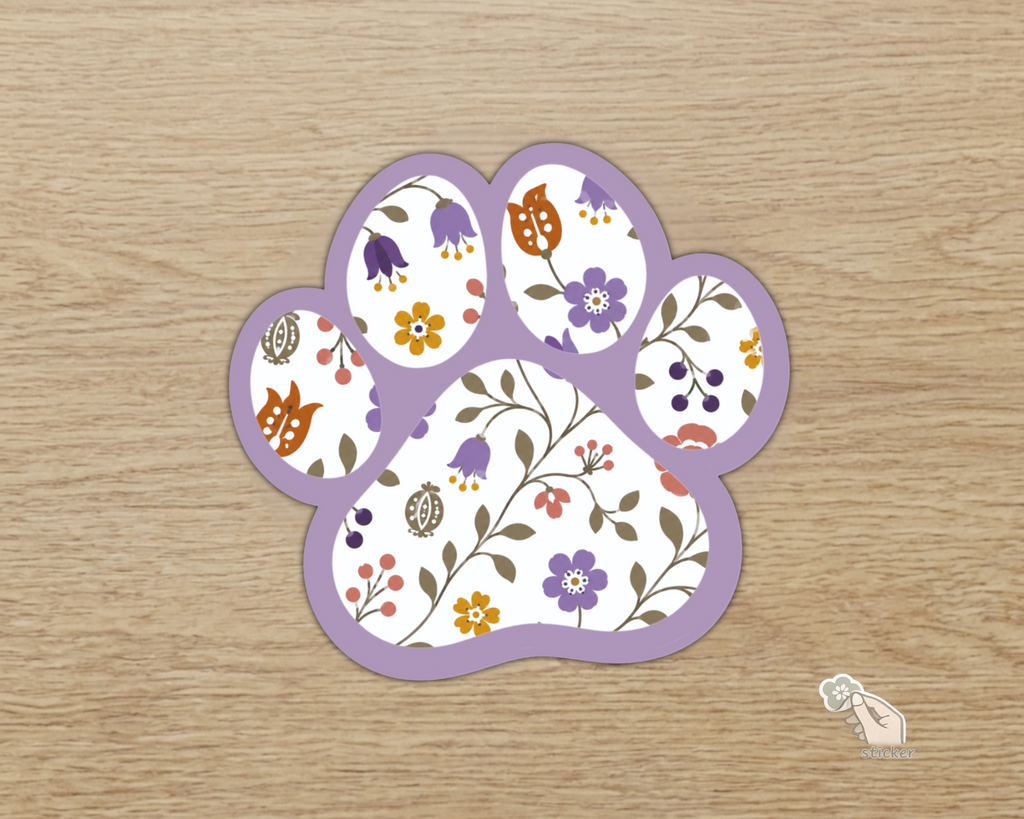 Heather Floral Paw Print Sticker with lavender border and floral pattern
