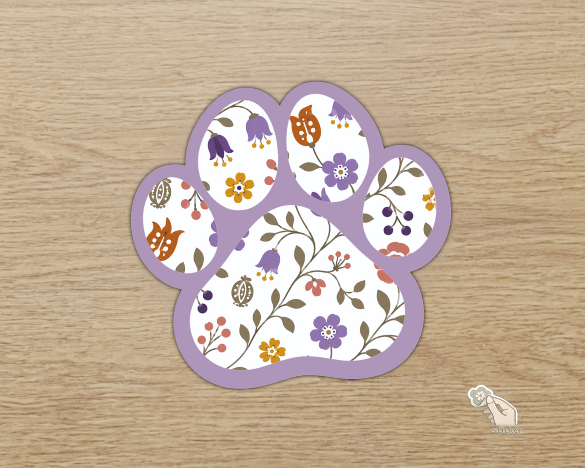 Heather Floral Paw Print Sticker with lavender border and floral pattern