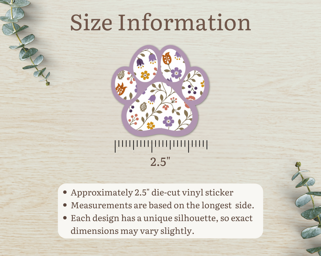 Heather Floral Paw Print Sticker size information, approximately 2.5 inches