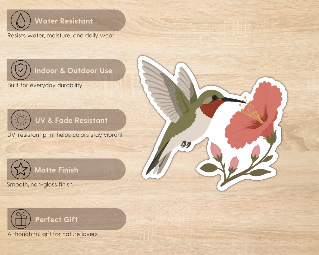 Ruby-throated Hummingbird sticker features including water resistance, indoor and outdoor use, UV resistance, matte finish and gift for nature lovers