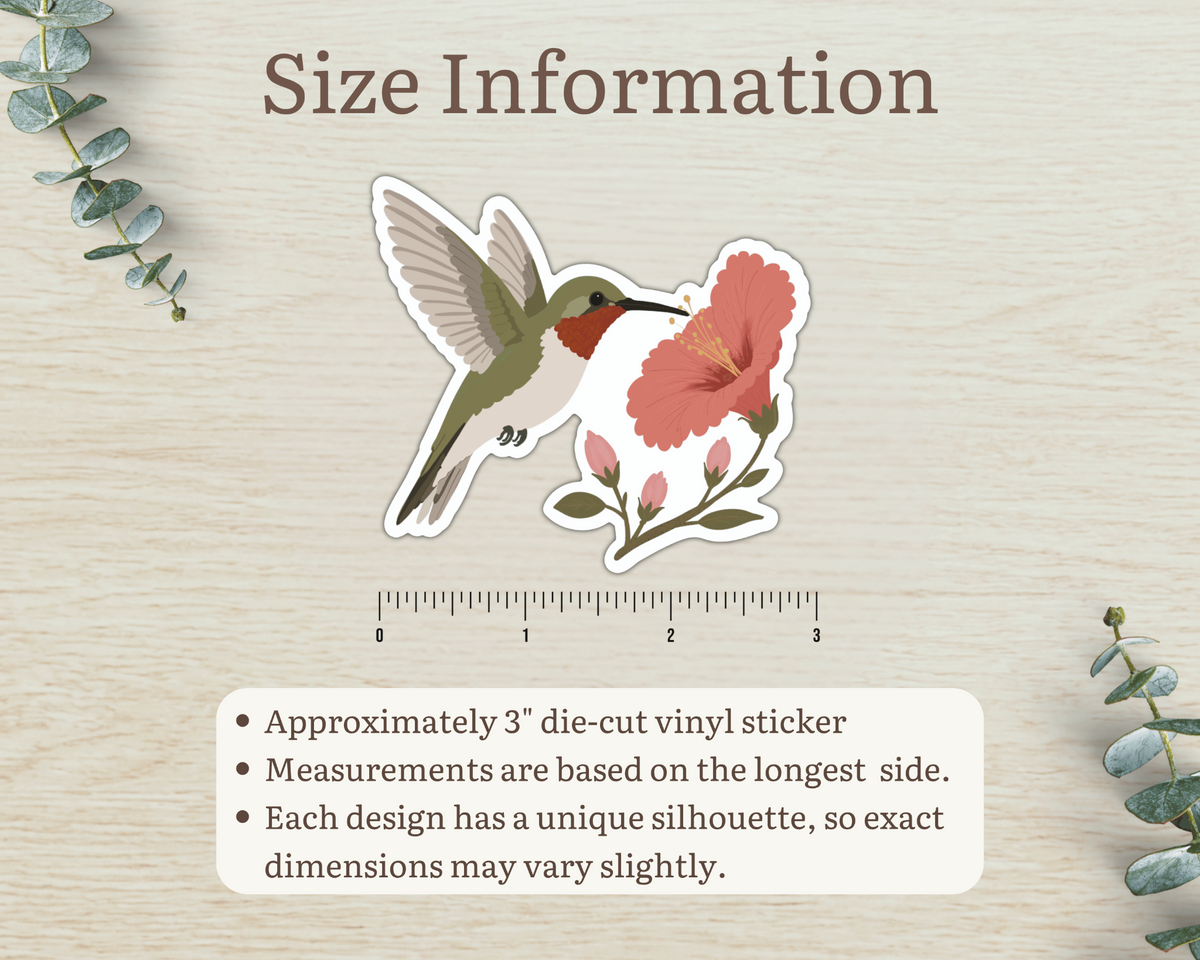 Size information for approximately 3 inch Ruby-throated Hummingbird die-cut vinyl sticker