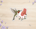 Ruby-throated Hummingbird die-cut vinyl sticker with pink hibiscus flower
