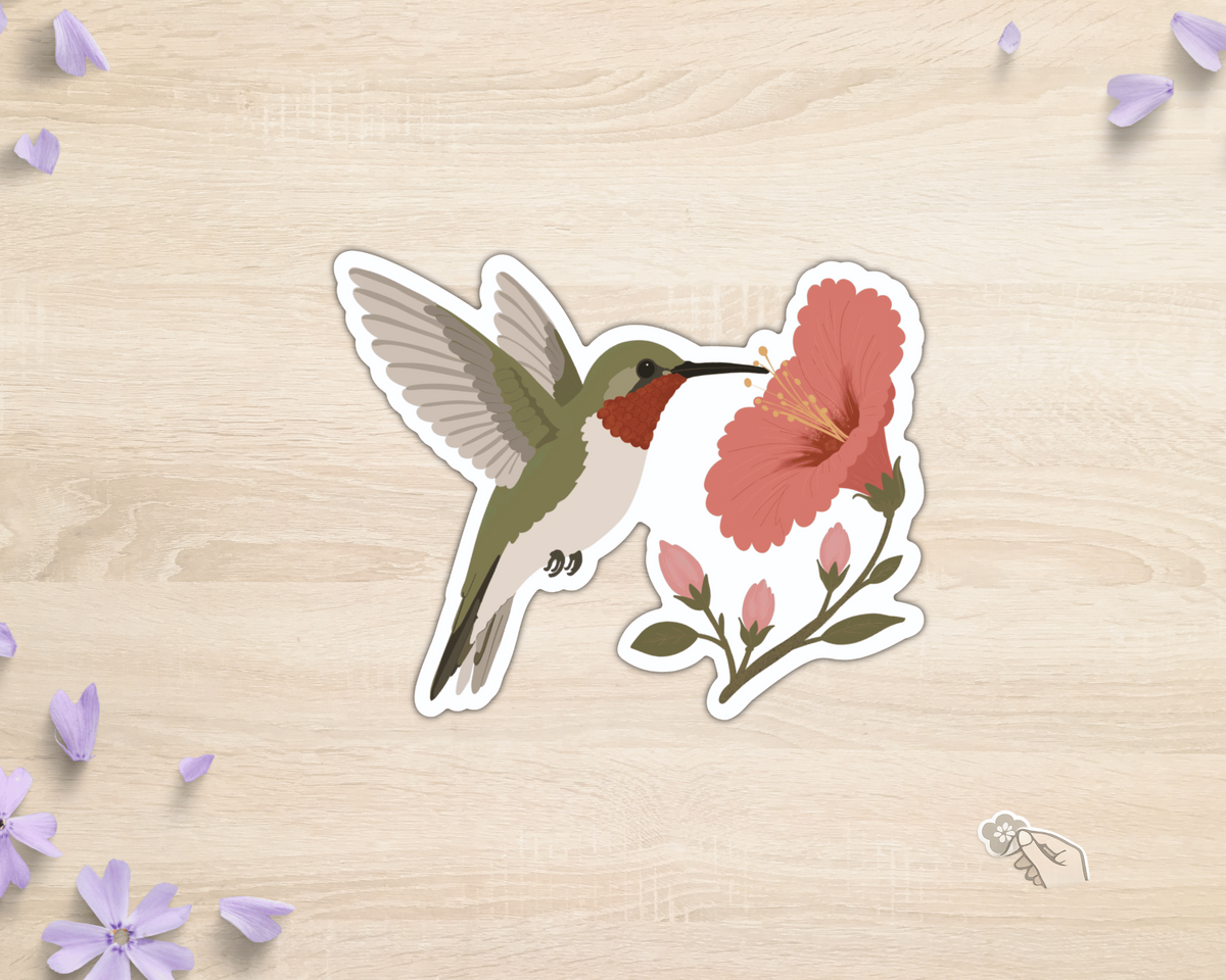 Ruby-throated Hummingbird die-cut vinyl sticker with pink hibiscus flower