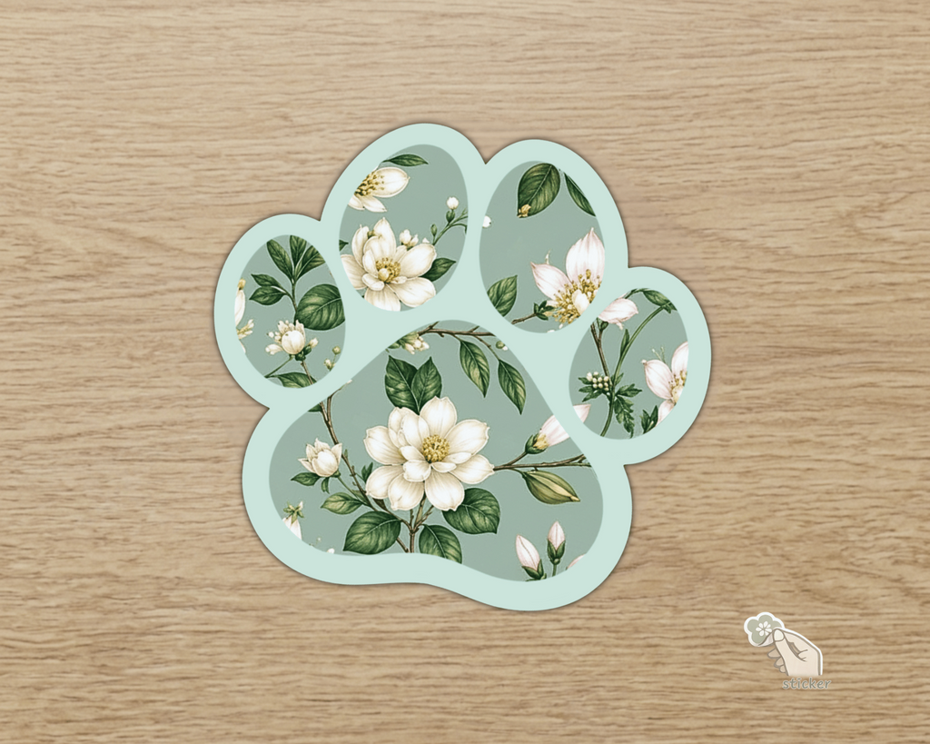 Magnolia Sage Floral Paw Print Sticker with sage border and magnolia floral pattern