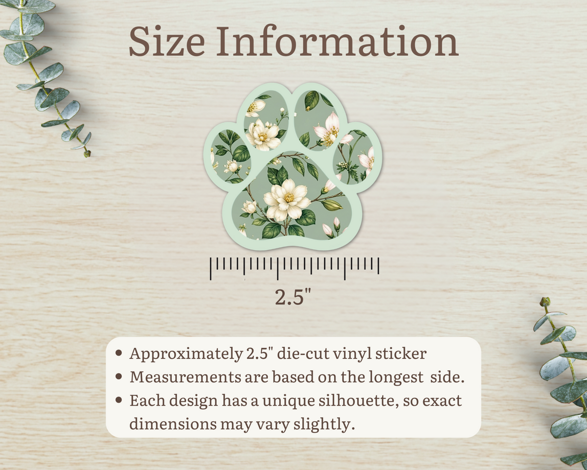 Magnolia Sage Floral Paw Print Sticker size information, approximately 2.5 inches
