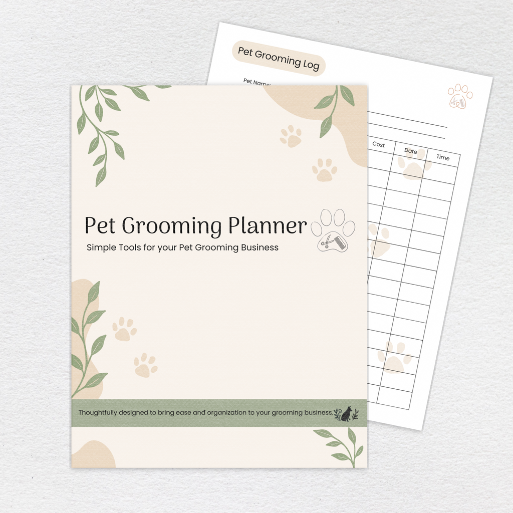 Pet Grooming Planner cover with printable pet grooming log page