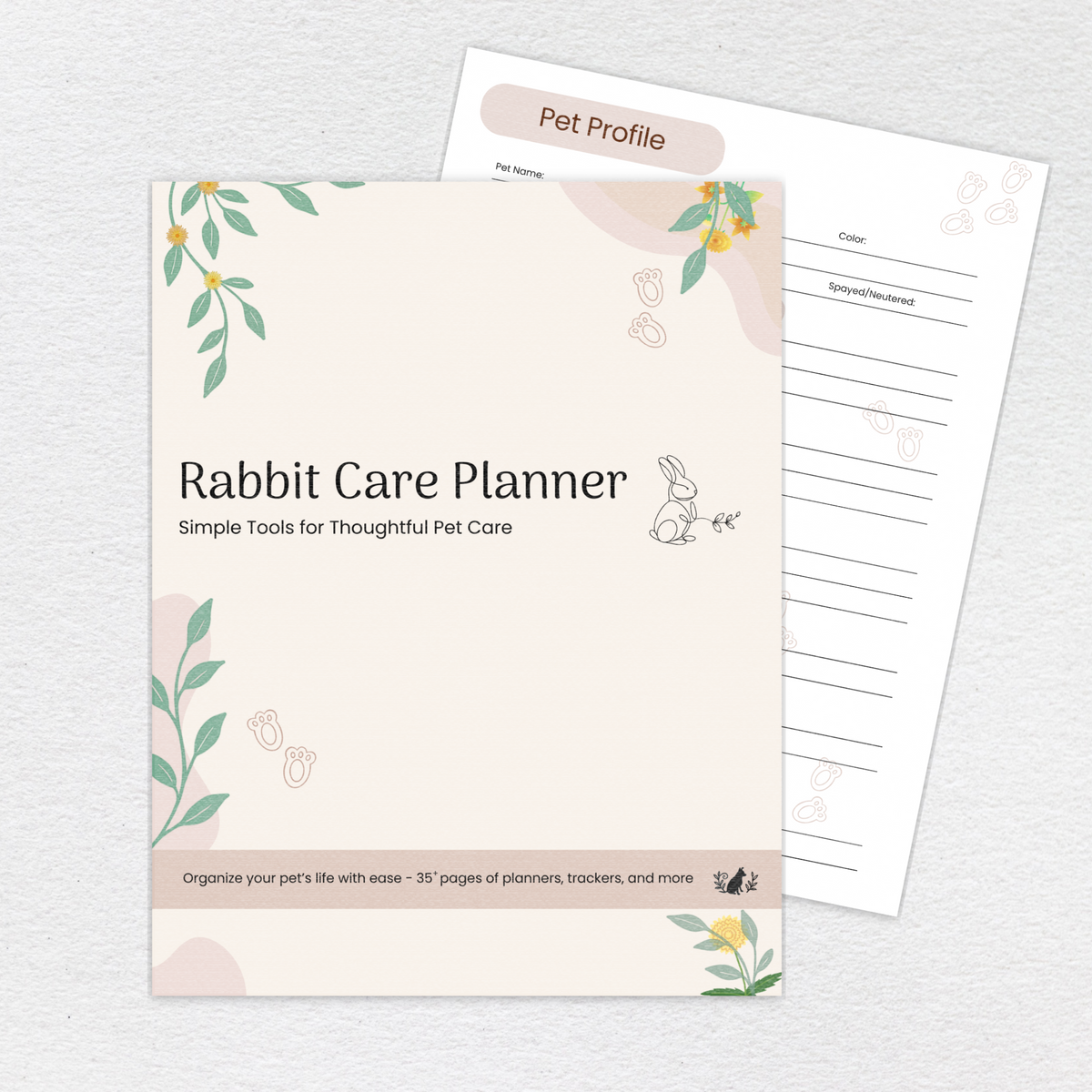 Rabbit Care Planner full-color printable PDF cover and interior page