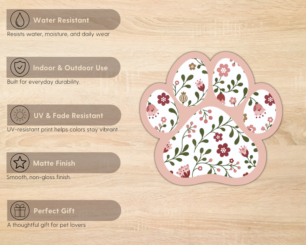 Rose Garden Floral Paw Print Sticker features including water resistance, UV resistance and matte finish