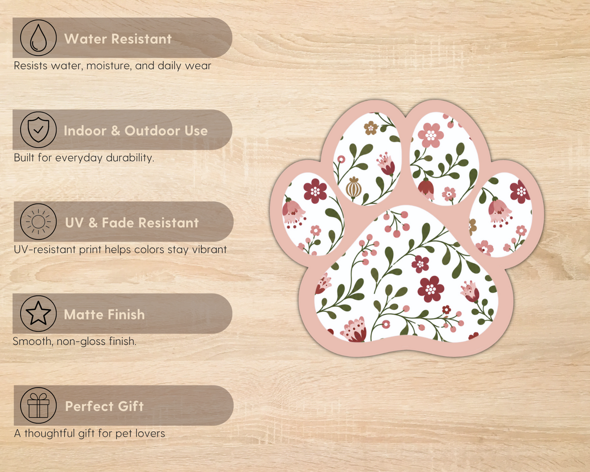 Rose Garden Floral Paw Print Sticker features including water resistance, UV resistance and matte finish