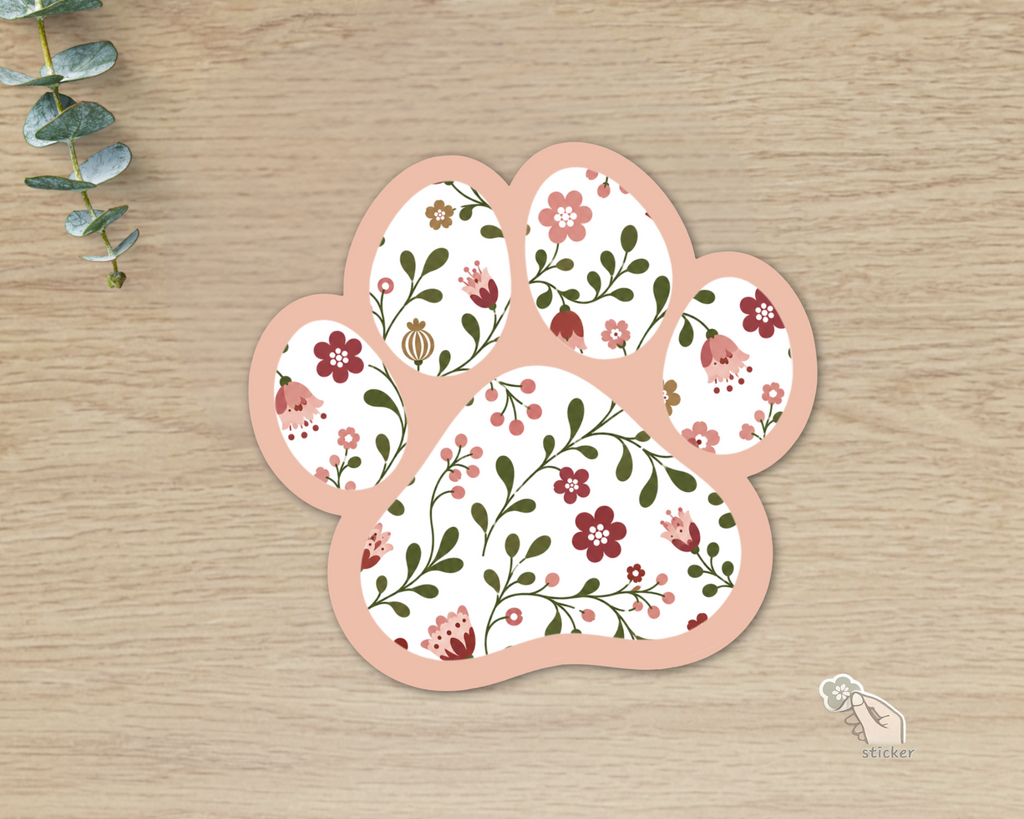 Rose Garden Floral Paw Print Sticker with blush pink border and floral pattern