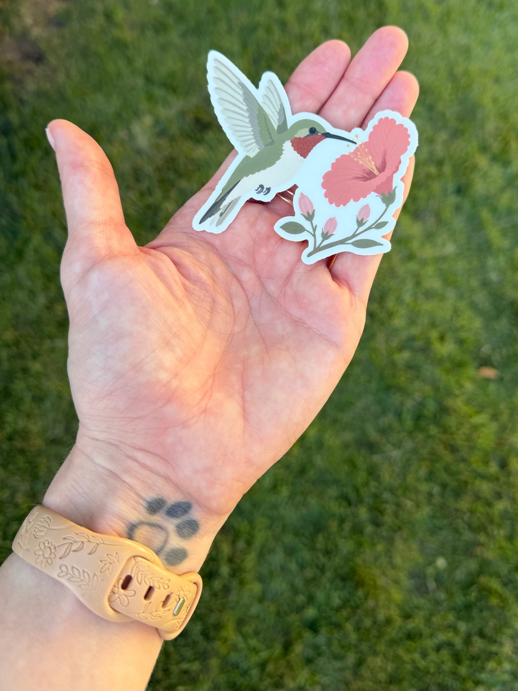 Ruby-throated Hummingbird sticker with a pink hibiscus flower resting in an open palm outdoors
