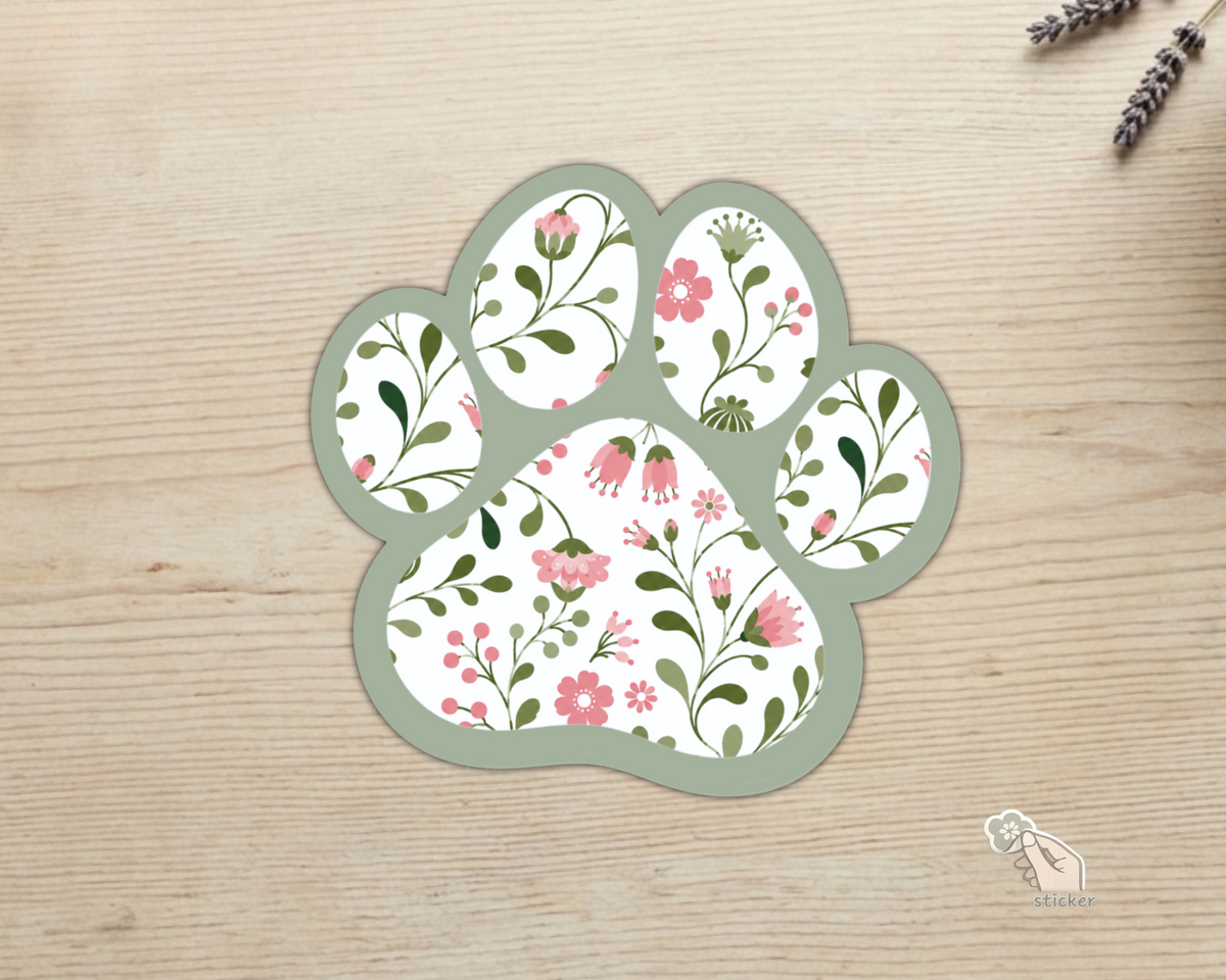 Sage Garden Floral Paw Print Sticker with pink flowers and sage green border