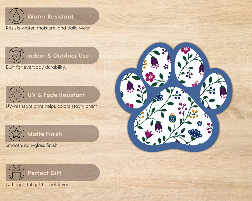 Sapphire Floral Paw Print Sticker features including water resistance, UV resistance and matte finish
