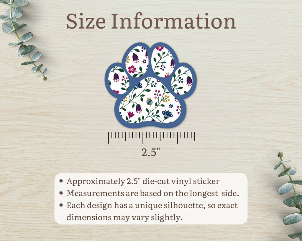 Sapphire Floral Paw Print Sticker size information, approximately 2.5 inches