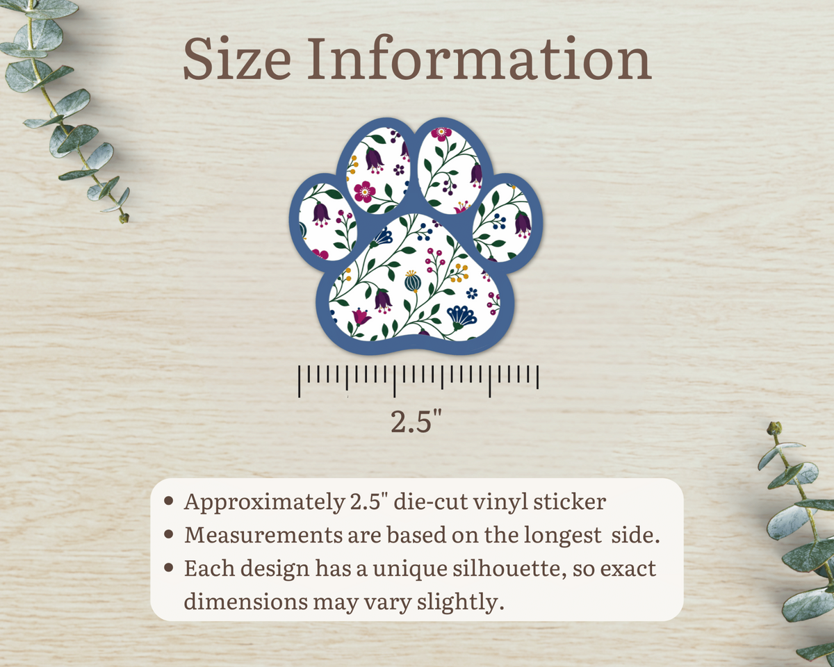 Sapphire Floral Paw Print Sticker size information, approximately 2.5 inches
