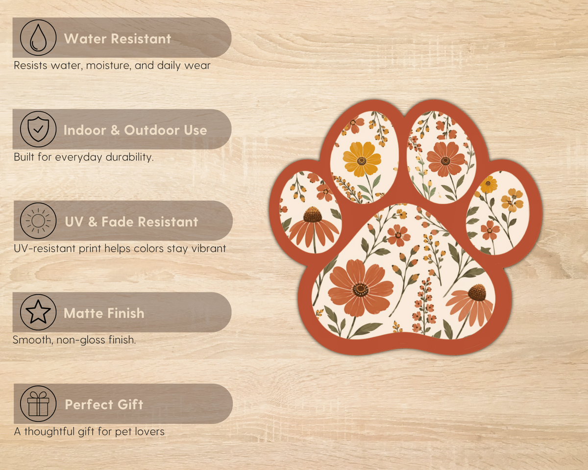 Terracotta Bloom Floral Paw Print Sticker features including water resistance, UV resistance and matte finish