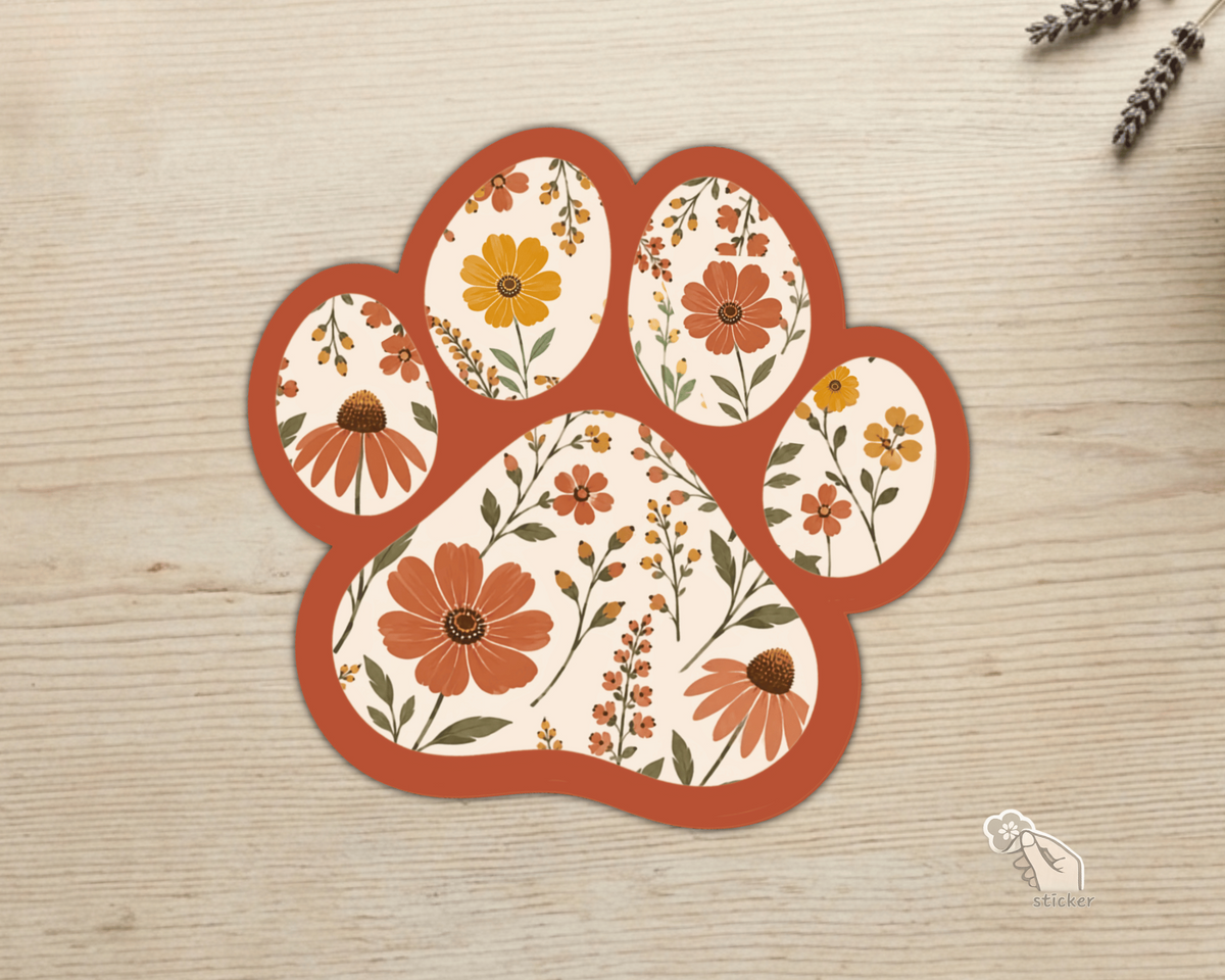 Terracotta Bloom Floral Paw Print Sticker with terracotta border and warm floral pattern