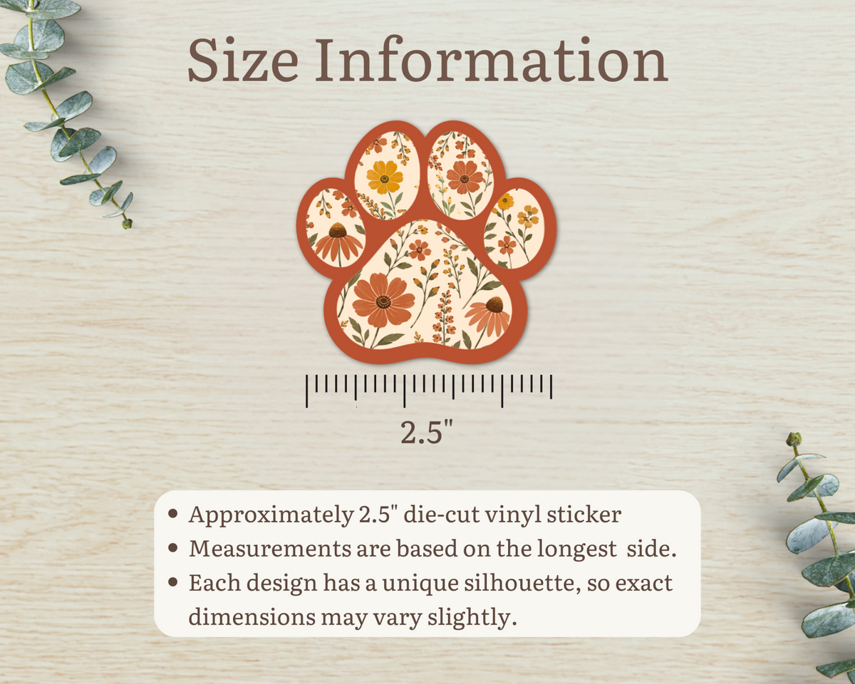 Terracotta Bloom Floral Paw Print Sticker size information, approximately 2.5 inches