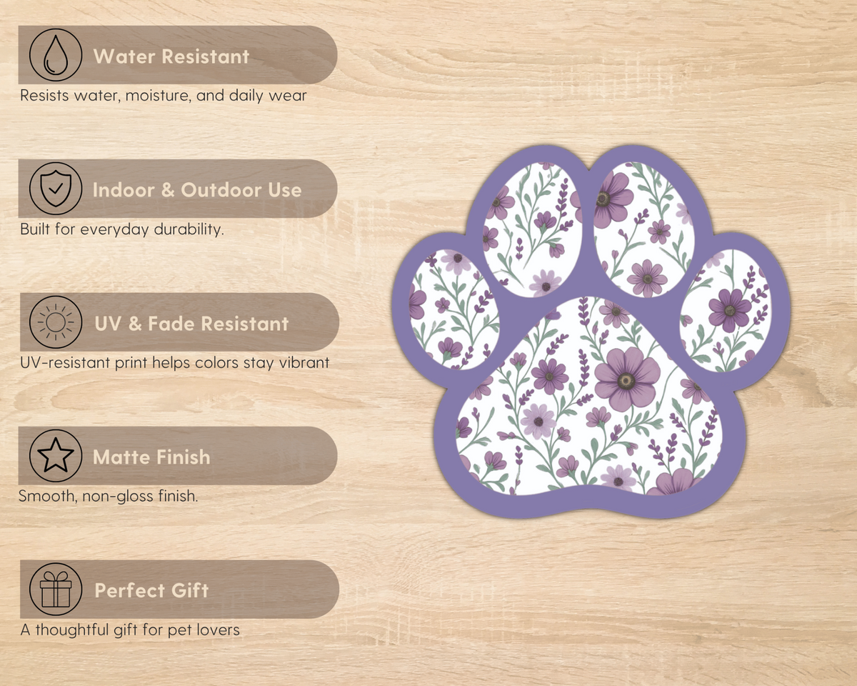 Violet Garden Floral Paw Print Sticker features including water resistance, UV resistance and matte finish