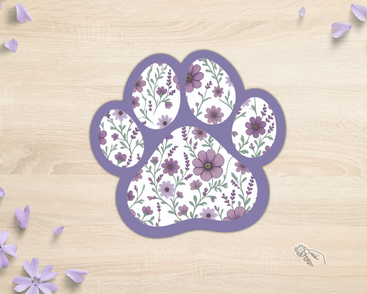 Violet Garden Floral Paw Print Sticker with violet border and floral pattern