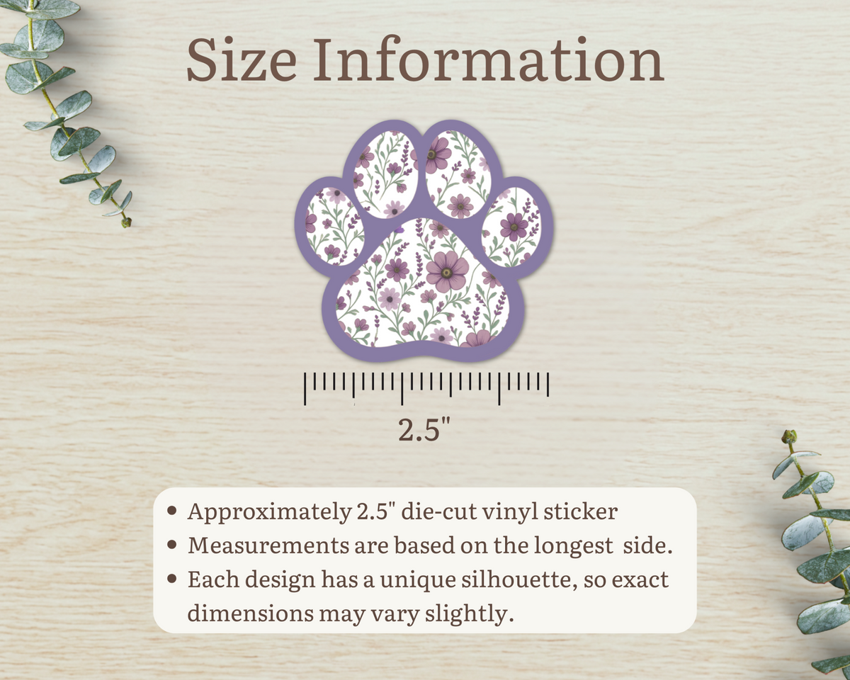 Violet Garden Floral Paw Print Sticker size information, approximately 2.5 inches